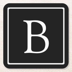 Simple Classic Monogram Black w/ White Text Square Paper Coaster