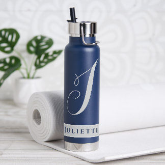 SIMPLE CLASSIC MONOGRAM INITIAL NAMED SILVER WHITE WATER BOTTLE