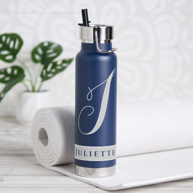 SIMPLE CLASSIC MONOGRAM INITIAL NAMED SILVER WHITE WATER BOTTLE (Yoga)