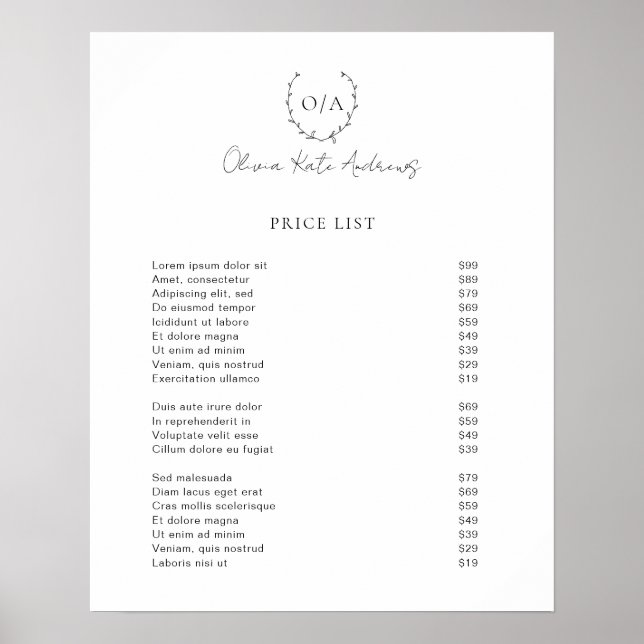 Simple Classic Monogram Wreath Elegant Poster (Front)