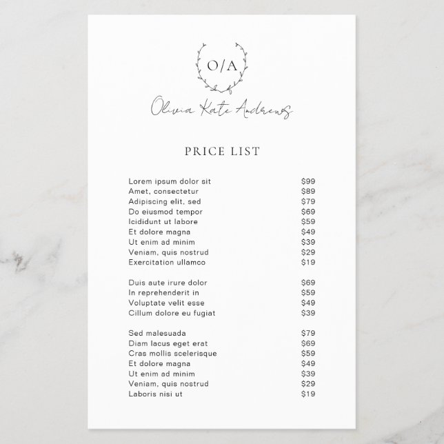 Simple Classic Monogram Wreath Elegant Price List Flyer (Front)