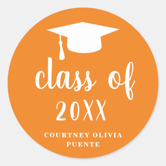 Simple Classic Orange and White Graduation Cap Round Sticker (Front)