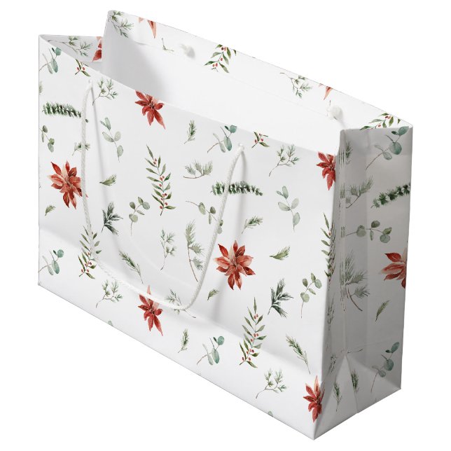 Simple Classic Poinsettia Berry Greenery Christmas Large Gift Bag (Front Angled)