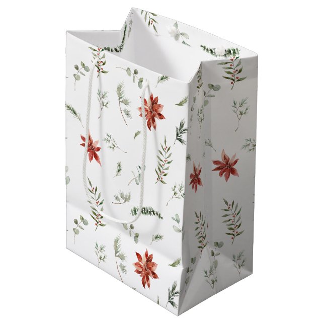 Simple Classic Poinsettia Berry Greenery Christmas Medium Gift Bag (Front Angled)