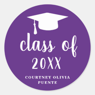 Simple Classic Purple and White Graduation Cap Classic Round Sticker