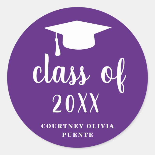 Simple Classic Purple and White Graduation Cap Classic Round Sticker (Front)
