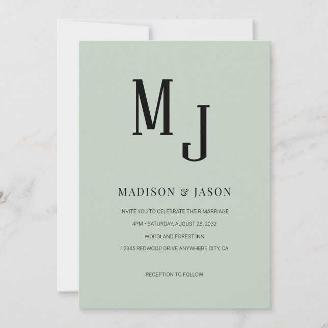 Simple Classic Sage Green Roman Monogram Wedding Invitation (Front)