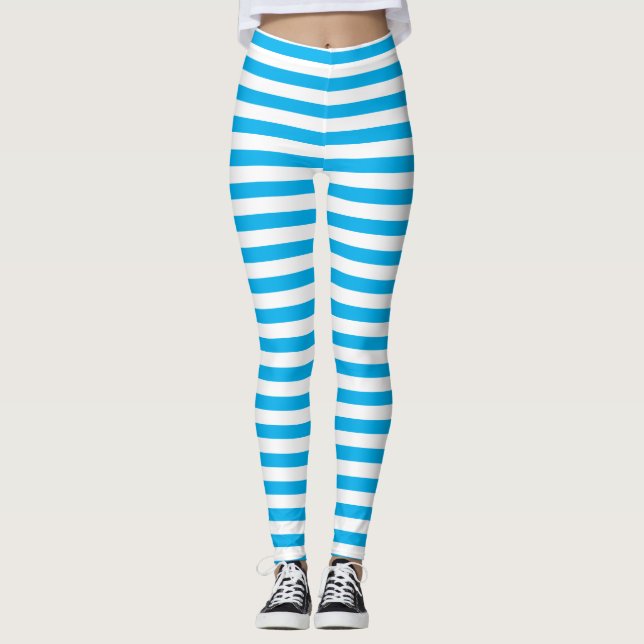 Simple Classic Sky Blue and White Striped  Leggings (Front)