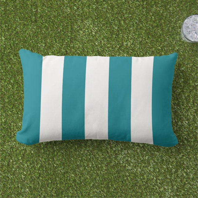 Simple Classic Teal Blue Cabana Stripes Lumbar Cushion (Grass)