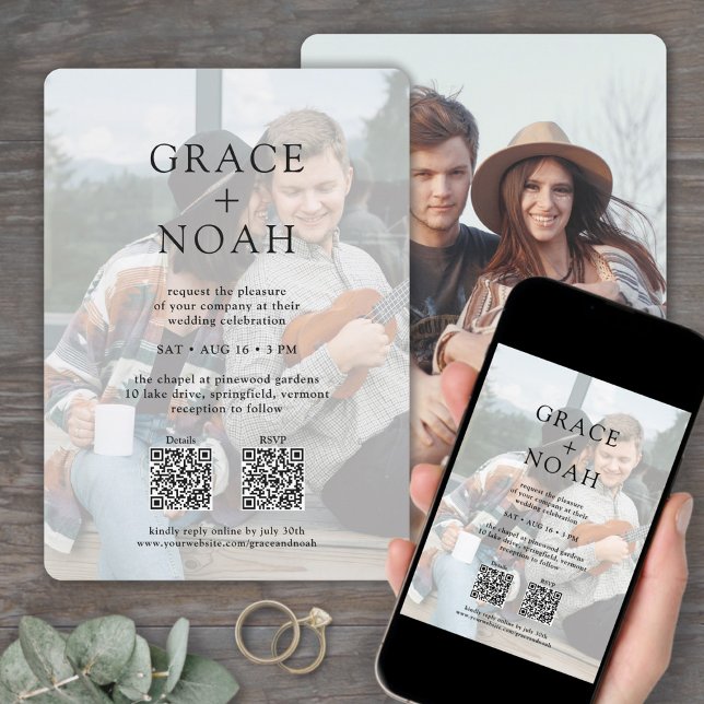 Simple Classic Typography 2 Photo QR RSVP Wedding Invitation (Creator Uploaded)