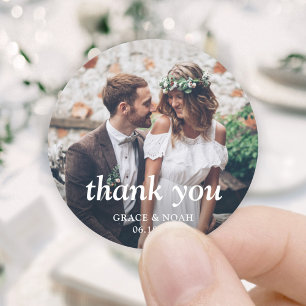 Simple Classic Typography Photo Wedding Thank You Round Sticker