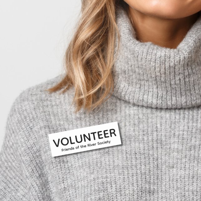 Simple Classic Volunteer Badge Name Tag (Woman in gray sweater wearing this customizable volunteer name tag badge in black and white.)