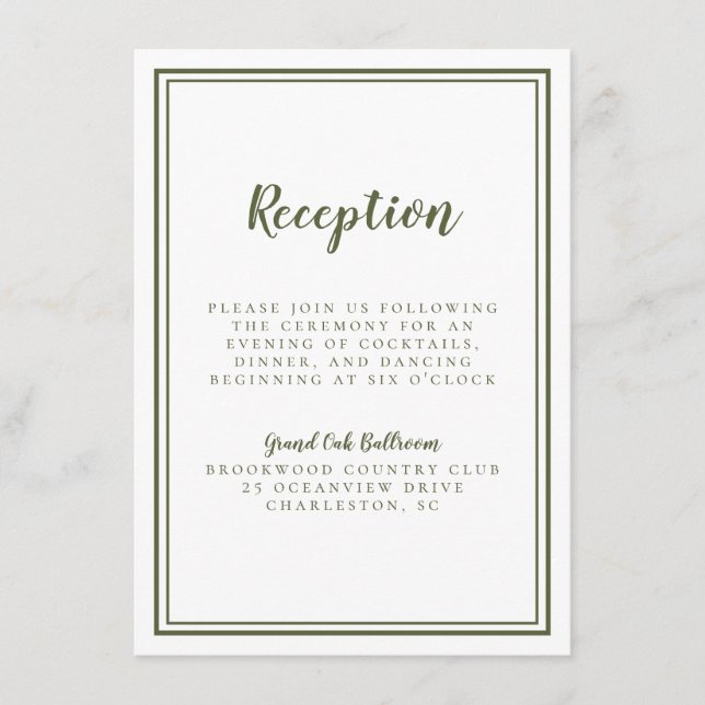 Simple Classic Wedding Reception Olive Green White Enclosure Card (Front)