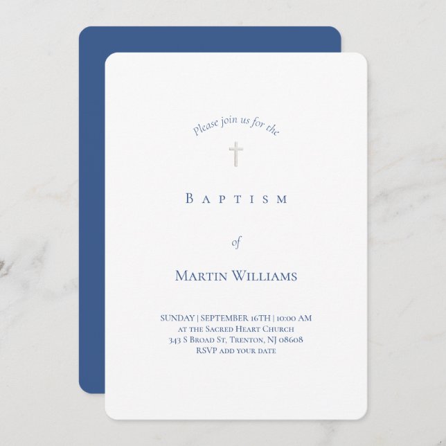 simple classic white and blue Baptism Invitation (Front/Back)
