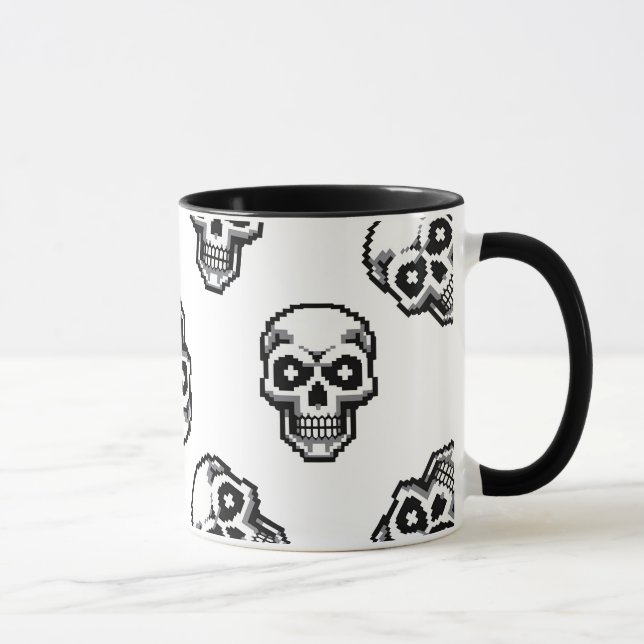 Simple Classic White Pixelated Skull Pattern Mug (Right)