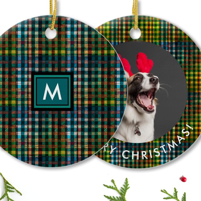 Simple Classical Green Plaid Tartan Photo Monogram Ceramic Ornament (Creator Uploaded)