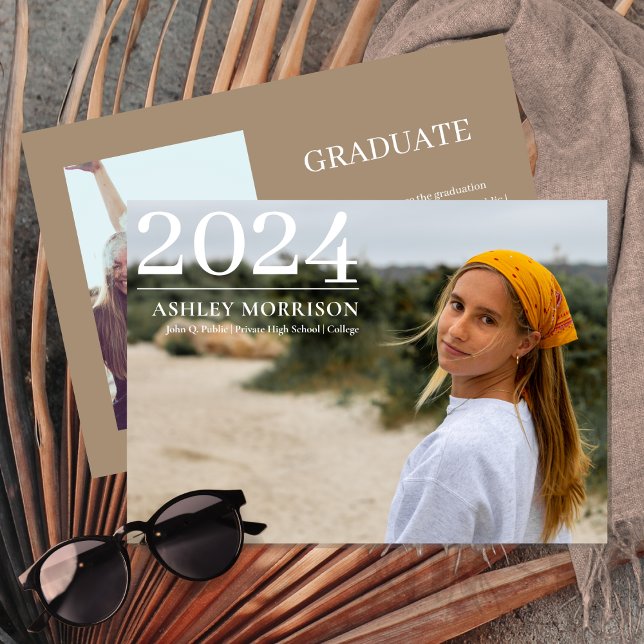 Simple Classy 2024 Two Photo Sand Graduation Invitation (Simple Classy 2024 Two Photo Sand Beige Graduation Announcement)