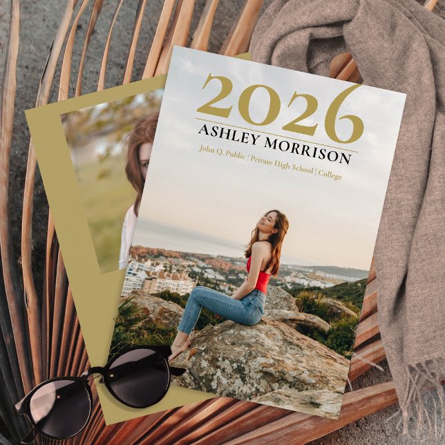 Simple Classy 2025 Two Photo - Olive Graduation Invitation (Simple Classy 2026 Two Photo Collage Olive Green Graduation Announcement - Print | Download)