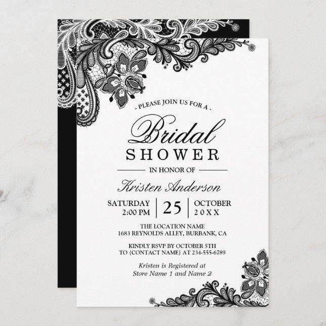 Simple Classy Chic Black White Lace Bridal Shower Invitation (Front/Back)