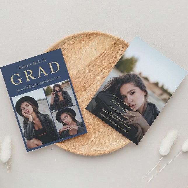Simple Classy Navy Blue and Gold Photo Graduation  Invitation (Creator Uploaded)