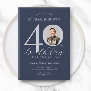 Simple Classy Navy Blue Silver Photo 40th Birthday Invitation