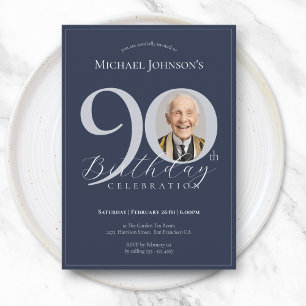 Simple Classy Navy Blue Silver Photo 90th Birthday Invitation