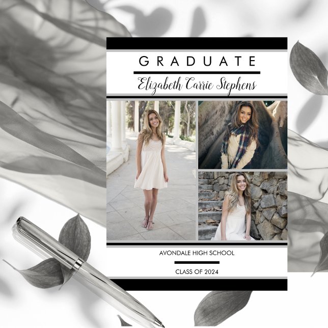 Simple Classy Three Photo Black | White Graduation Announcement (Simple Classy Three Photo Black and White Graduation Announcement)