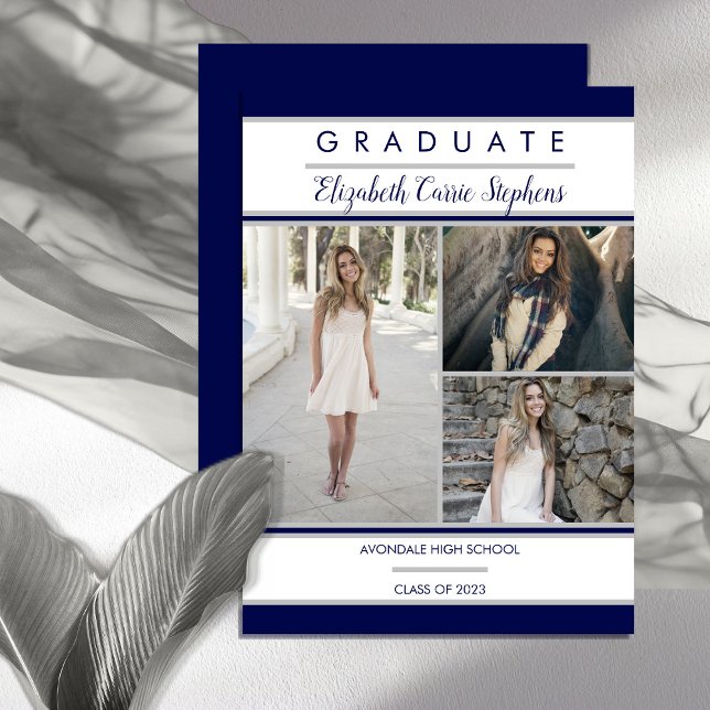 Simple Classy Three Photo Blue | White Graduation Announcement (Creator Uploaded)
