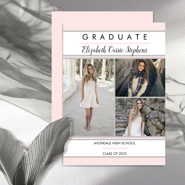 Simple Classy Three Photo Blush Pink Graduation Announcement (Creator Uploaded)