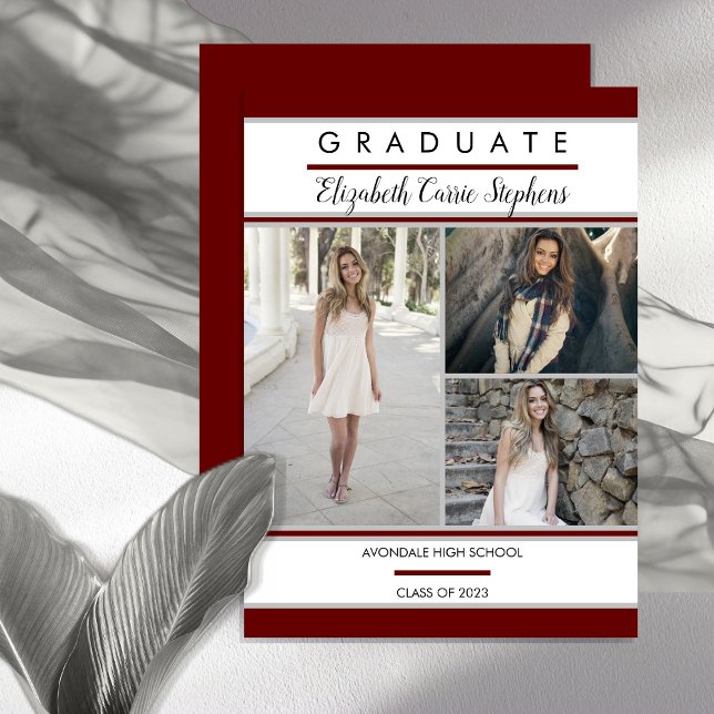 Simple Classy Three Photo Dk Red Graduation Announcement (Creator Uploaded)