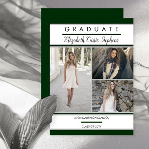 Simple Classy Three Photo Green Graduation Announcement