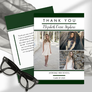 Simple Classy Three Photo Green   White Graduation Thank You Card