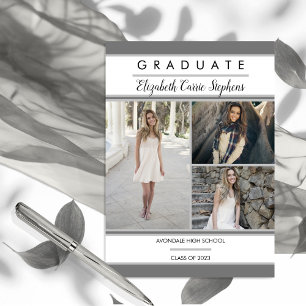 Simple Classy Three Photo Grey  White Graduation