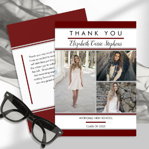 Simple Classy Three Photo Maroon White Graduation Thank You Card