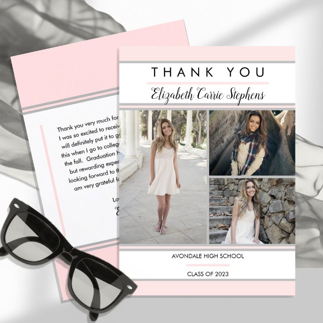 Simple Classy Three Photo Pink | White Graduation Thank You Card (Creator Uploaded)