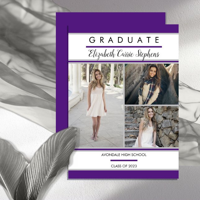 Simple Classy Three Photo Purple Graduation Announcement (Creator Uploaded)