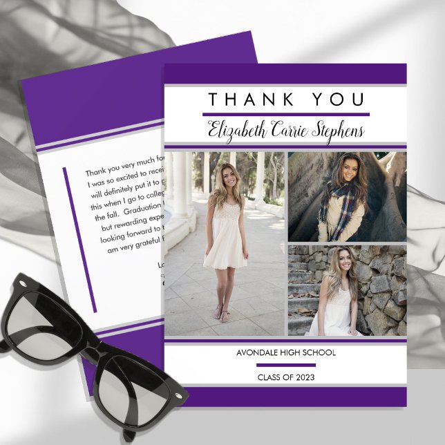 Simple Classy Three Photo Purple |White Graduation Thank You Card (Creator Uploaded)