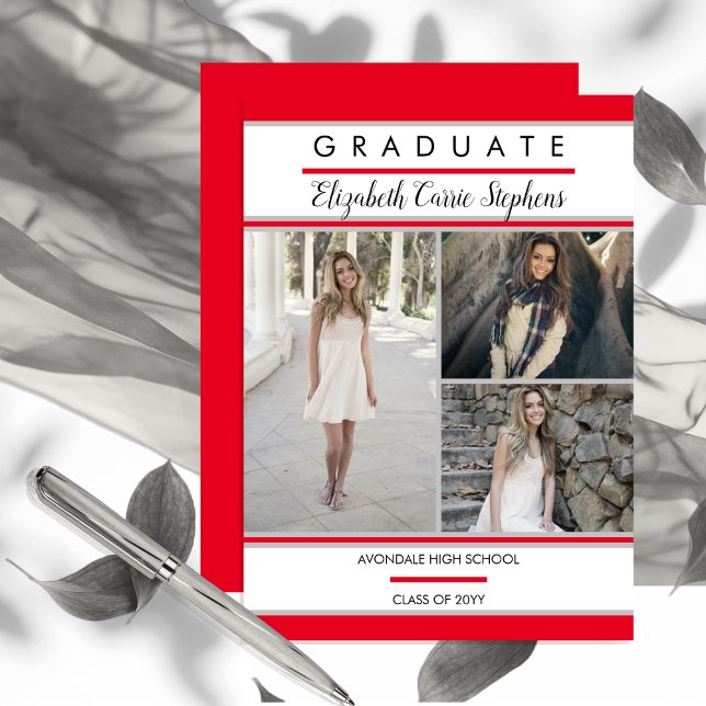 Simple Classy Three Photo Red Graduation Announcement (Simply and Classy Three Photo Collage Red, White and Silver Gray Graduation Announcement)