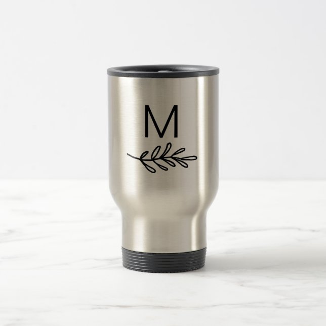 Simple Clean Botanical Line Drawing with Monogram Travel Mug (Center)