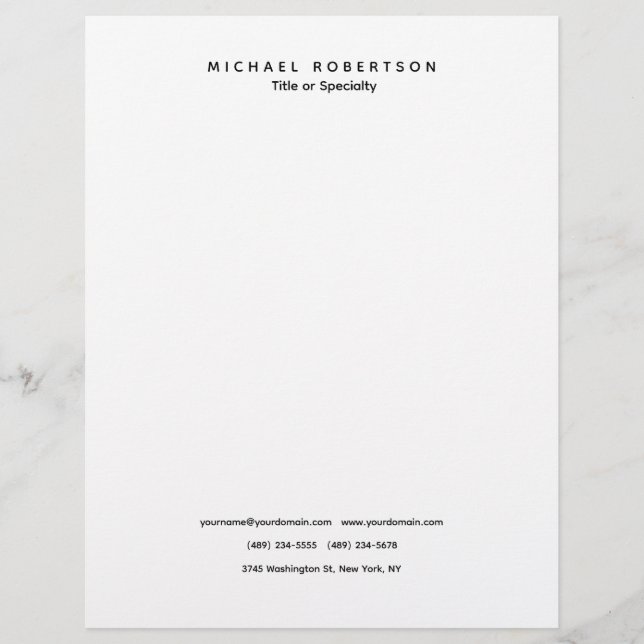 Simple Clean Elegant Modern Minimalist Black White Custom Letterhead (Front)