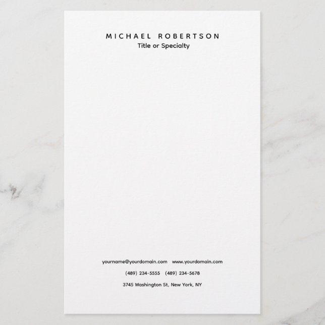 Simple Clean Elegant Modern Minimalist Black White Stationery (Front)