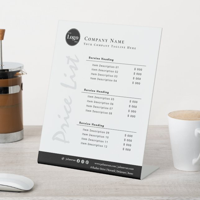 Simple Clean Minimalist Black and White Price List Pedestal Sign (In SItu)