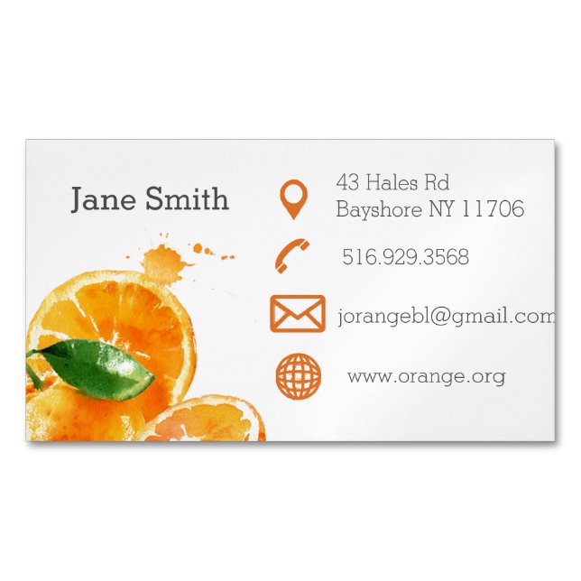 Simple clean orange fruit magnetic business cards (Front)