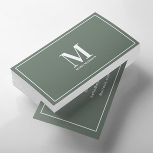 Simple Clean Sage Green Monogram Minimalist Business Card