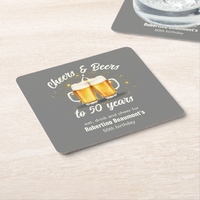 Simple Clinging Glasses Cheers Beers to 50 Years Square Paper Coaster (Angled)