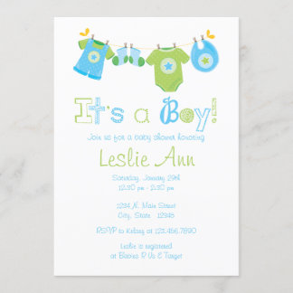 Simple Clothesline Boy Baby Shower Invitation