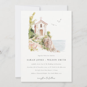 Simple Coastal Catholic Watercolor Church Wedding Invitation