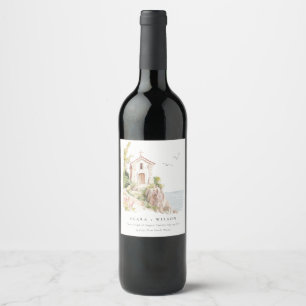 Simple Coastal Catholic Watercolor Church Wedding Wine Label