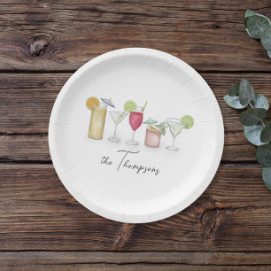 Simple Cocktail Drinks Watercolor Whimsical Custom Paper Plate