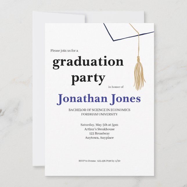 Simple College Cap and Tassel Graduation Invitation (Front)